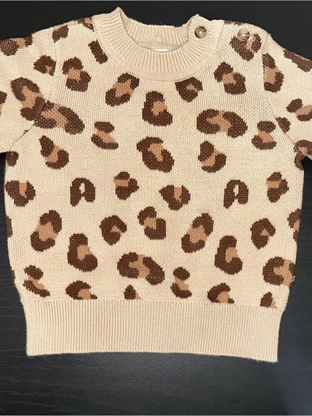Kensie Cream Leopard Print Crewneck Sweater with Button Detail